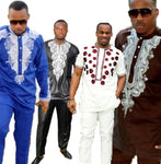 African Men Embroidered Dashiki Bazin Top and Pants Set Nigeria Senator Style