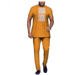African Clothing High Grade Jacquard Patchwork Short Sleeve Senator Design Top With Pants Set Y32039