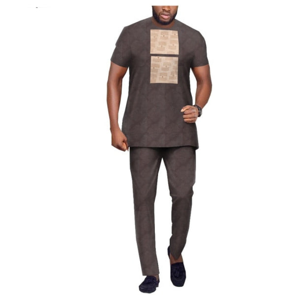 African Clothing High Grade Jacquard Patchwork Short Sleeve Senator Design Top With Pants Set Y32039