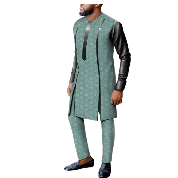 Dashiki African Men Long-Sleeve Senator Jacquard Cotton  Shirt Pants Set Y31896