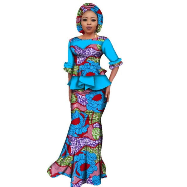 African Clothing Dashiki Women O-Neck Top-Skirt Set Natural Bazin Riche X11004