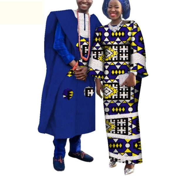 African Couple Print Patchwork Long Dress for Woman and Agbada Robe for V11646