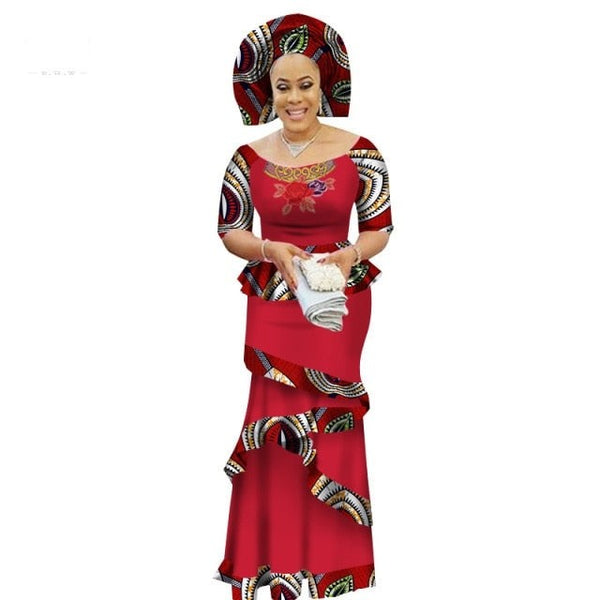 African Dashiki Bazin Women Suit Half Sleeve Tops and Long Dress X10585