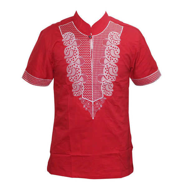African Men Embroidery Print T-Shirt Geometric Print Stand Neck Top Y20461