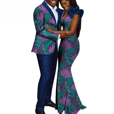 2021 New Dashiki African Couple Clothes for LOvers Bazin Riche MenTops and Pant +Women Dress African Couple Sets WYQ727