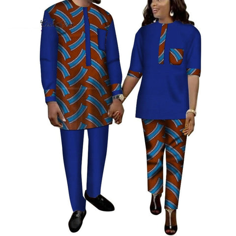 African Print Top and Pants Sets for Couple Clothing Bazin Riche Patchwork Print 2 Pieces Lover Couples Clothes WYQ262