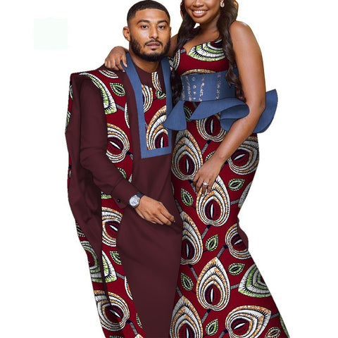 Bintarealwax Africa Style Couples Clothing Bazin Long Women Dress & Mens Robe set Dashiki Plus Size Wedding Clothing WYQ841