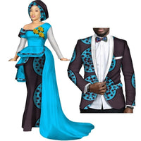 African Couple Clothes Women Dress Men Blazer Bazin Riche African Print Patchwork Evening Party Dresses Blazers Lovers WYQ278