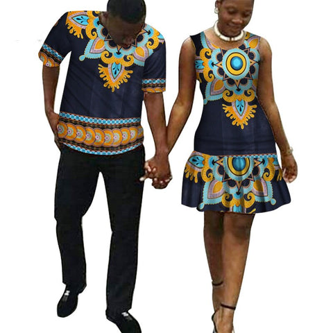 2 Piece Set African Dashiki Print Couple Clothing for Lovers Men Shirt Tops and pant women dress causal Fashion WYQ49