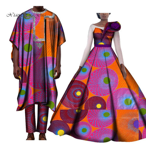 Couples Lover Clothes Print Dress African Clothing African Dresses for Women Bazin Shirt and Pants Men 3 Pieces Sets WYQ427