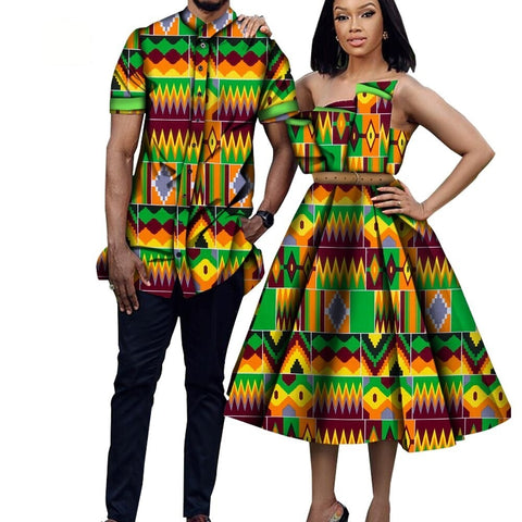 Bintarealwax African Print Clothes for Couple Dashiki Elegant Lady Party Dresses and Men Shirts Cotton African Clothing WYQ698