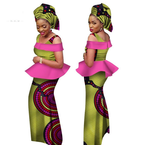 African Dresses for Women 2022 Dashiki Off the Shoulder Africa clothing Set & Headtie Traditional African Clothing WY1985