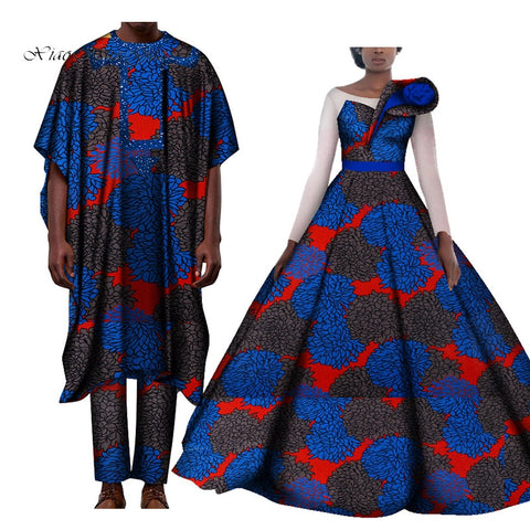 Couples Lover Clothes Print Dress African Clothing African Dresses for Women Bazin Shirt and Pants Men 3 Pieces Sets WYQ427