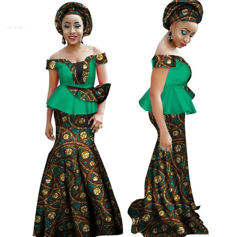 Plus Size African Women Skirt Set Dashiki Crop & Top 2 Piece Set Free Head scaf African Print Clothes for Lady BRW WY2437