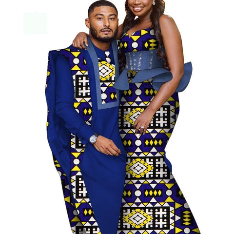 Bintarealwax Africa Style Couples Clothing Bazin Long Women Dress & Mens Robe set Dashiki Plus Size Wedding Clothing WYQ841
