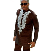 African Men Embroidered Dashiki Bazin Top and Pants Set Nigeria Senator Style