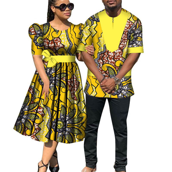 African Clothes for Couples Women's Dresses and Men's Shirt Sets Lover Clothes Floral Print Maxi Dress Dashiki Party Wear Wyq470