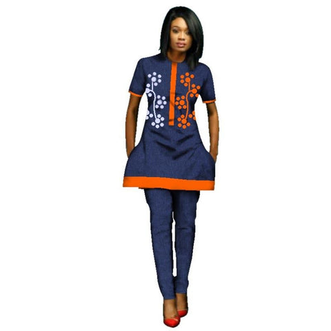 Women African Clothing 2-Piece Top-Pants Patchwork Button Flower Pattern X10694