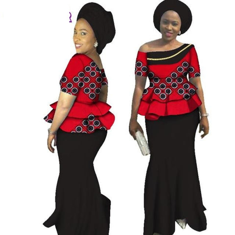 African Women Traditional Bazin Print slash neck skirt set With X10990