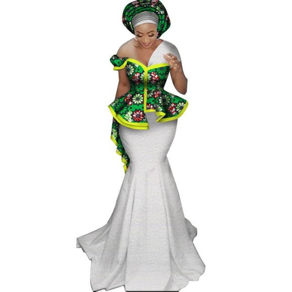 African Dashiki Cotton Wax Applique Blouse with Lace Skirt Set for X11336