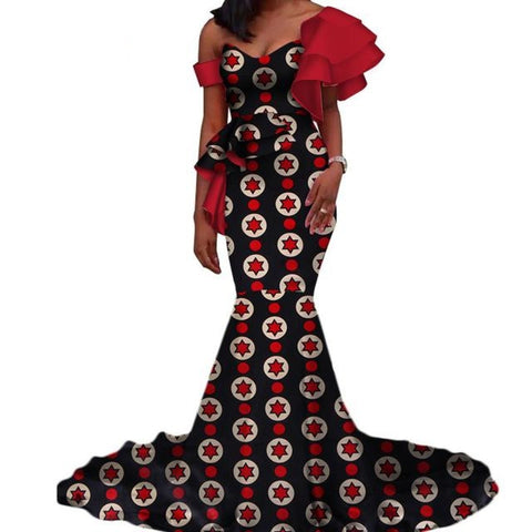 Vintage Vestidos Bazin Long Mermaid Dress Draped Patchwork African Print Dresses For Women African Ankara Clothing Wy3346 - 9 / Xs