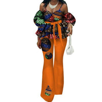 African Style Women Ruffles Spaghetti Strap Top and Flare Pants Sets with X11442