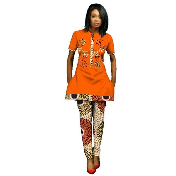 Women African Clothing 2-Piece Top-Pants Patchwork Button Flower Pattern X10694