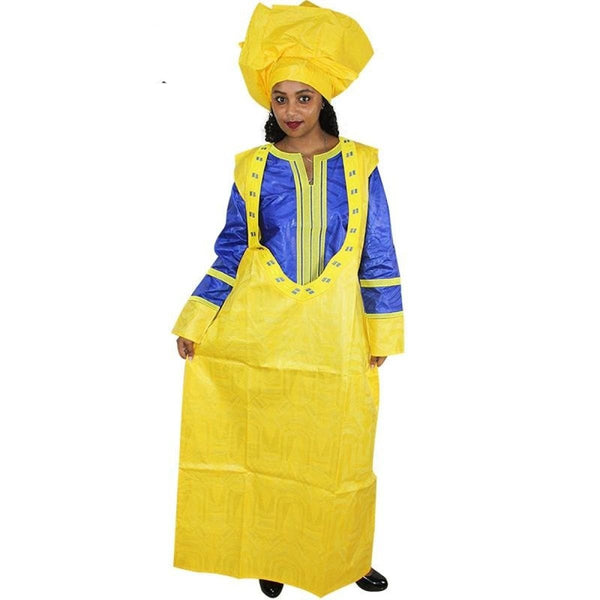 African Clothing Women Bazin Riche Design Embroidery Dress 2-Pcs Blue X21280