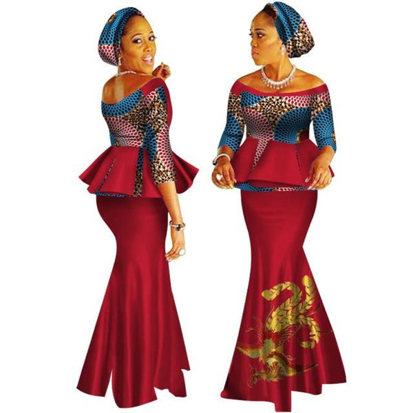 African Dashiki Print Dress Crop Topskirt Set Hand Made Off Shoulder 1/2 X11017