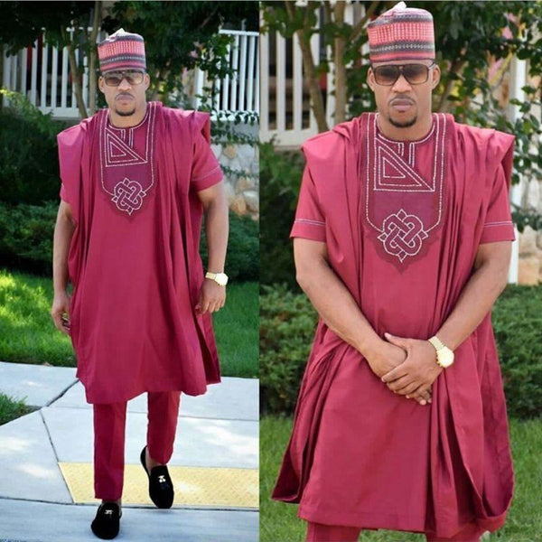 African Clothing Men Dashiki Embroidery Bazin Burgundy Inner + Outer Top Y20785