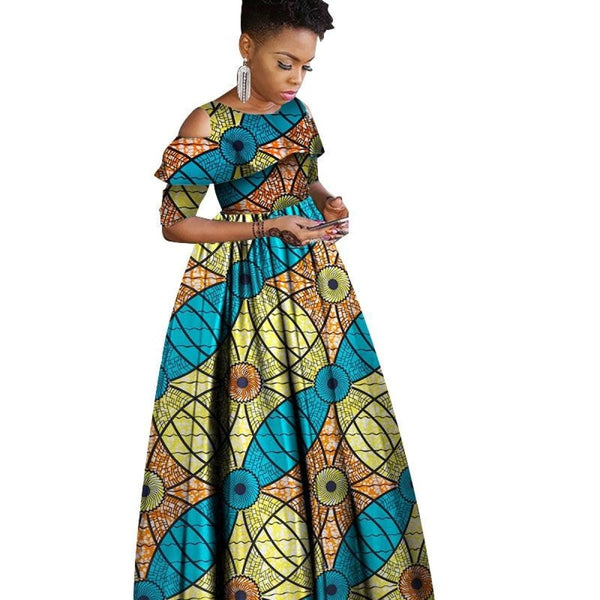 African Clothing Ruffles Collar Short Sleeve Long Dress Women Cotton X ...