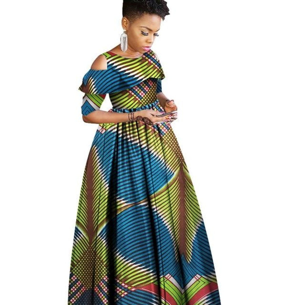 African Clothing Ruffles Collar Short Sleeve Long Dress Women