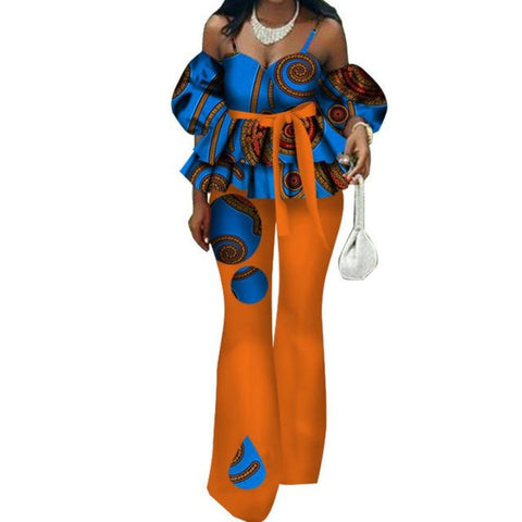 African Style Women Ruffles Spaghetti Strap Top and Flare Pants Sets with X11442