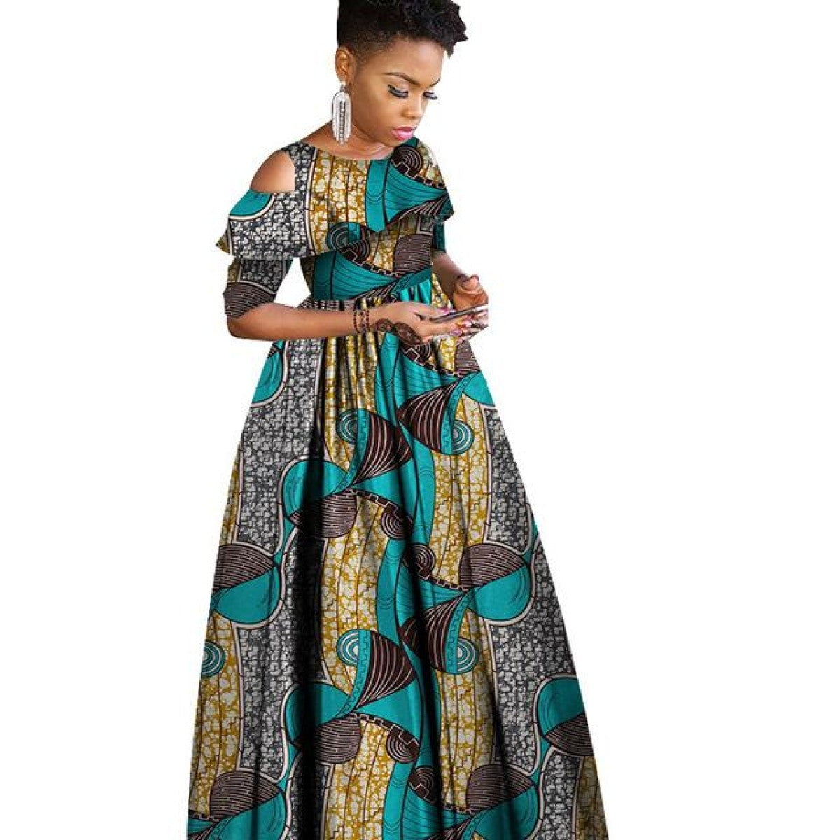 African Clothing Ruffles Collar Short Sleeve Long Dress Women Cotton X 