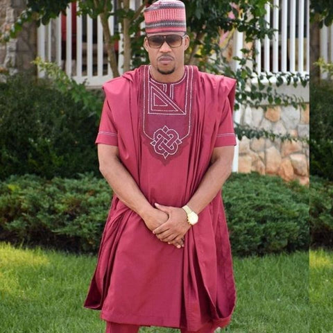 African Clothing Men Dashiki Embroidery Bazin Burgundy Inner + Outer Top Y20785