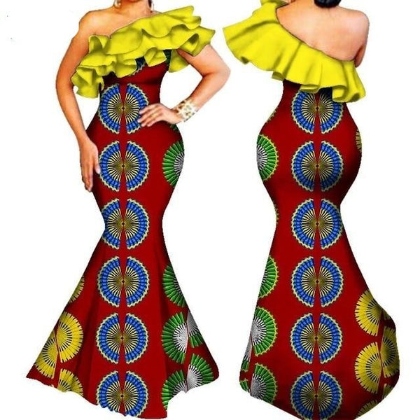 African Clothing For Women Dashiki Bazin Ruffles One-Shoulder Long X11440