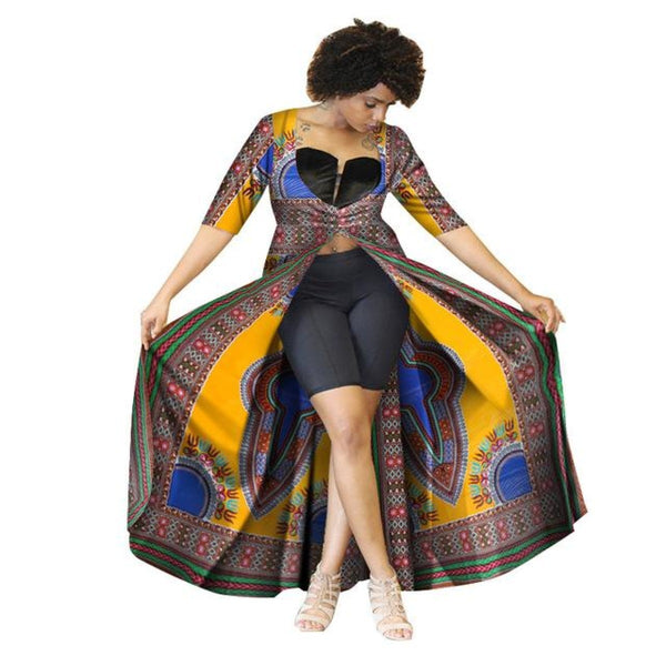 Casual Long Trench Coat Women Traditional African Cotton Print Bazin X10390