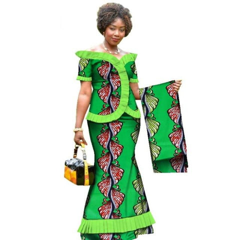 African Clothing Draped Tops-Skirt Set with Head Wrap For Women Dashiki X11021