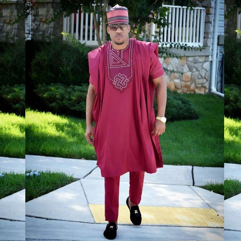 African Clothing Men Dashiki Embroidery Bazin Burgundy Inner + Outer T ...