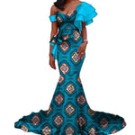 Vintage Vestidos Bazin Long Mermaid Dress Draped Patchwork African Print Dresses For Women African Ankara Clothing Wy3346 - 1 / Xs