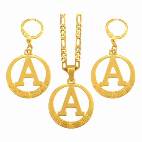 English Letter A-Z Alphabet Gold Necklace Round Earrings Initial For Q50125