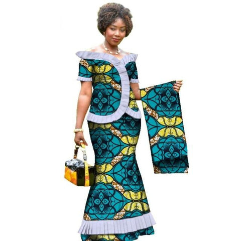 African Clothing Draped Tops-Skirt Set with Head Wrap For Women Dashiki X11021