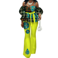 African Style Women Ruffles Spaghetti Strap Top and Flare Pants Sets with X11442