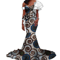 Vintage Vestidos Bazin Long Mermaid Dress Draped Patchwork African Print Dresses For Women African Ankara Clothing Wy3346