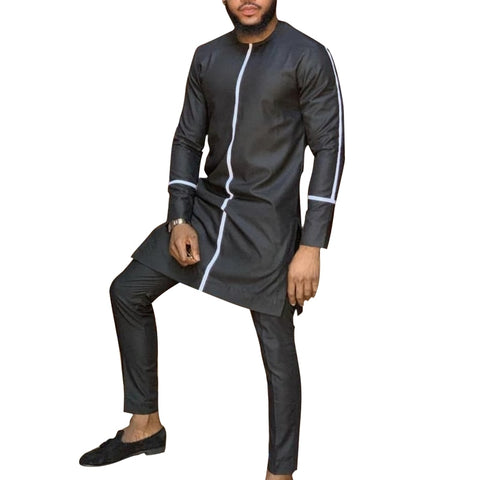African Fashion Man Pant Sets O-neck Shirt And Trouser Senator Style Men&#39;s Outfit Dashiki Wear Patchwork Black/white Mix Tops
