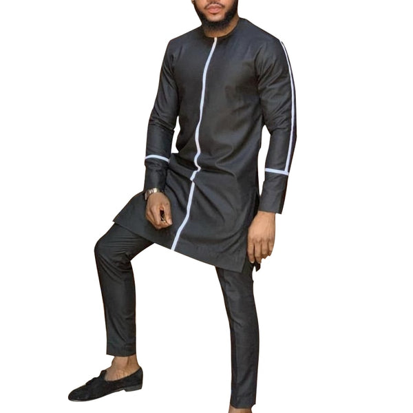 African Fashion Man Pant Sets O-neck Shirt And Trouser Senator Style Men's Outfit Dashiki Wear Patchwork Black/white Mix Tops