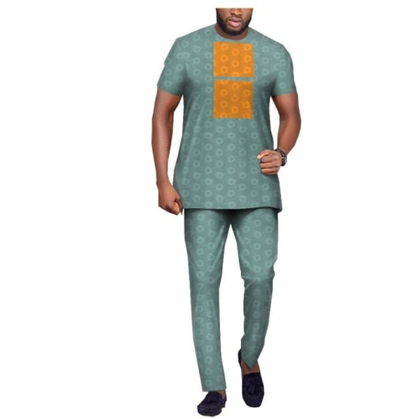African Short Sleeves O-neck Top & Full Length Pants Jacquard Suit For Men