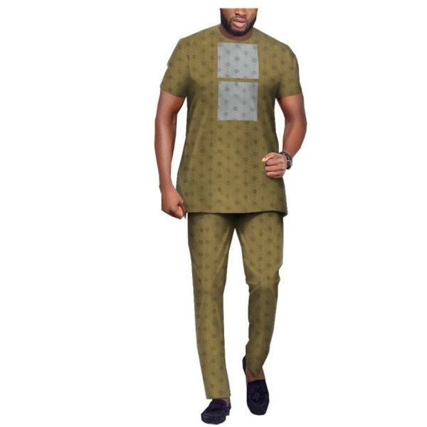 African Short Sleeves O-neck Top & Full Length Pants Jacquard Suit For Men
