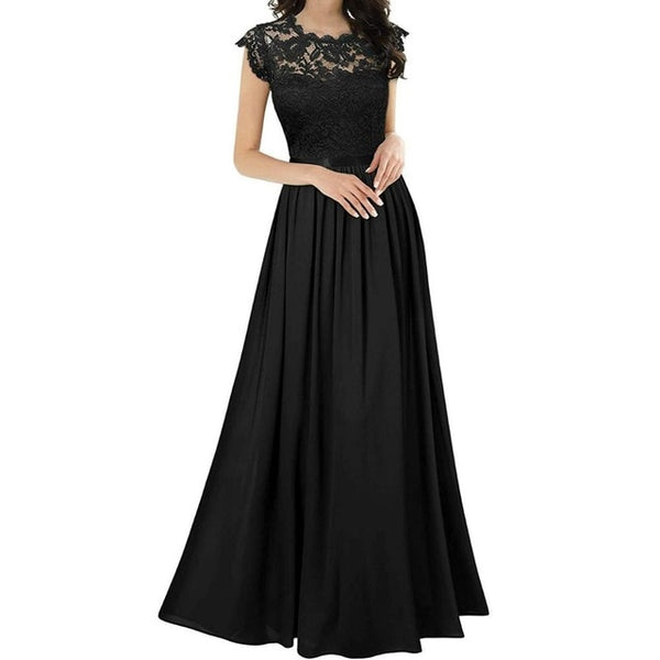 Women's Elegant Vintage 3/4 Sleeve Floral Lace Hollow out Chiffon Wedding Bridesmaid Maxi Dress Long Formal Dresses