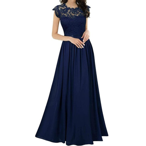 Women's Elegant Vintage 3/4 Sleeve Floral Lace Hollow out Chiffon Wedding Bridesmaid Maxi Dress Long Formal Dresses